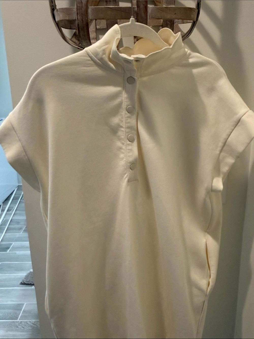 entro Ruffle-Neck Cream Midi Dress with Button Placket and pockets
